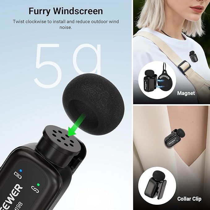 NEEWER KM19B Wireless Lavalier Microphone Transmitter with App Control, 10Hrs Battery, Noise Cancelling Magnetic Mini Clip On Lapel Lav Mic for iPhone Android Phone Video Recording Streaming Vlogging