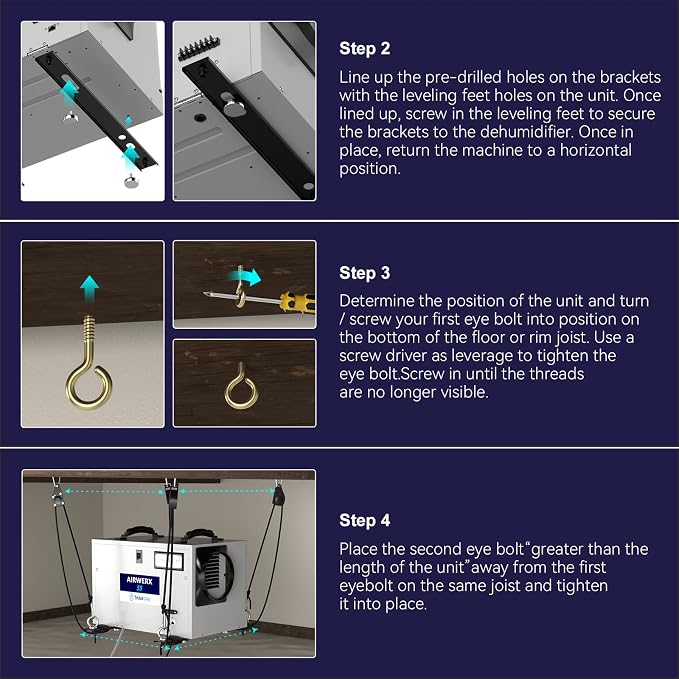 BaseAire Dehumidifier Hanging Kit for Crawl Space & Basement Dehumidifiers Airwerx 35P/55/ 65X/ 90/ 90X/ 100X/ 120X, Easy Way to Raise and Lower Dehumidifier, Helps Reduce Noise and Vibration of the