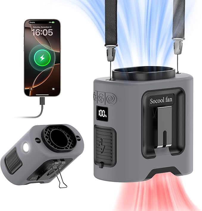 Socool 14500mAh Portable Waist Fan with 360 Rotation, Rechargeable Mini Personal Clip On Belt Shirt Fan 67Hrs Cooling Wearable Hanging Neck Fans with 5 Speeds & LED Light For Outdoor Working Jobsite