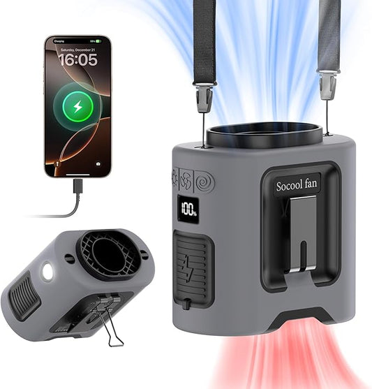Socool 14500mAh Portable Waist Fan with 360 Rotation, Rechargeable Mini Personal Clip On Belt Shirt Fan 67Hrs Cooling Wearable Hanging Neck Fans with 5 Speeds & LED Light For Outdoor Working Jobsite