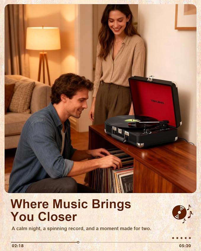 TANALNIN Vinyl Record Player, 3-Speed Bluetooth Portable Suitcase Turntable with Built-in Speakers, USB Recording, RCA Output, AUX Input/Output, Vintage Vinyl Player for Home, Bedroom or Gifting,Black
