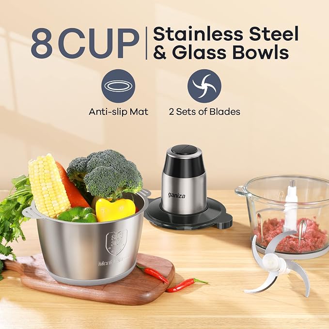 GANIZA Food Processors, Electric Food Chopper with Meat Grinder & Vegetable Chopper - 2 Bowls (8 Cup+8 Cup) with Powerful 450W Copper Motor - Includes 2 Sets of Bi-Level Blades
