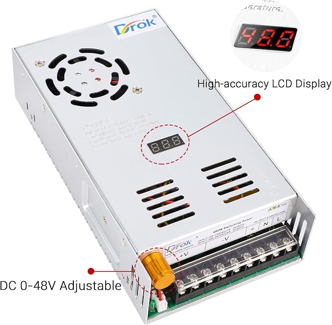 DROK 48V Power Supply, AC to DC Converter 0-48V 10A 480W Variable Power Supply, AC to DC Adapter Low Voltage Transformer for Landscape Lights LED Adapter Lab CCTV