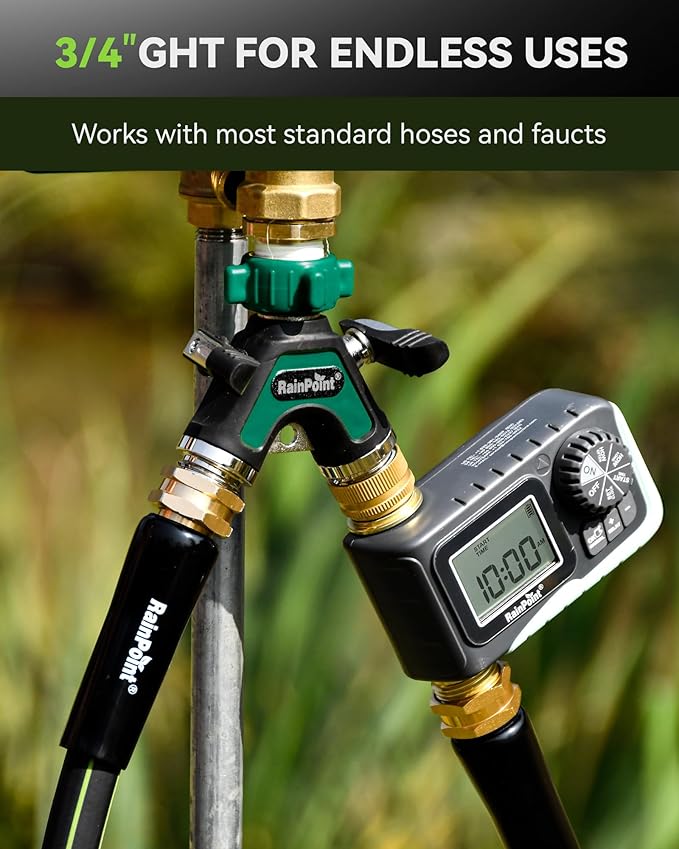 RAINPOINT Sprinkler Hose Timer with 2 Way Heavy Duty Metal Hose Splitter Programmable Watering Timer and 3/4 Inch GHT Y Spigot Splitter with Shut Off Valves for Faucet and Drip Irrigation