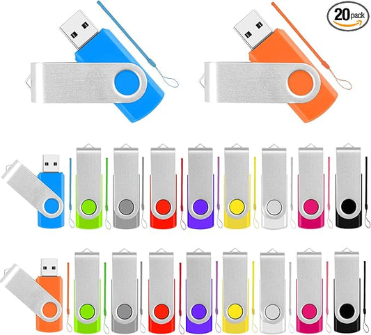 Bulk USB Flash Drives 4GB Thumb Drive 20 Pack Swivel Memory Stick Jump Drives Multipack Flashdrive with Lanyards, Portable USB Drive Zip Pendrive Photo Stick Data Storage Back to School Supplies