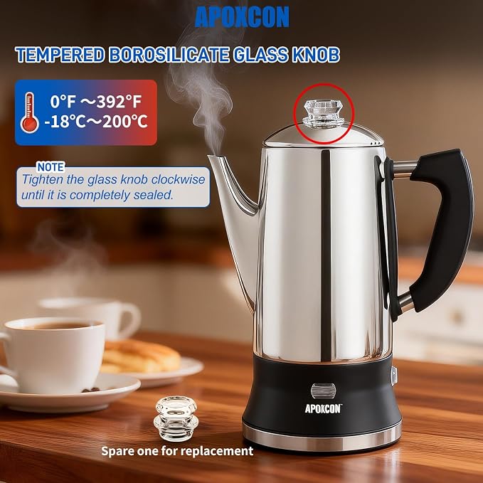 APOXCON Electric Coffee Percolator, Stainless Steel, with Glass Knob, Automatic Keep Warm, Cordless Serve,12 Cup