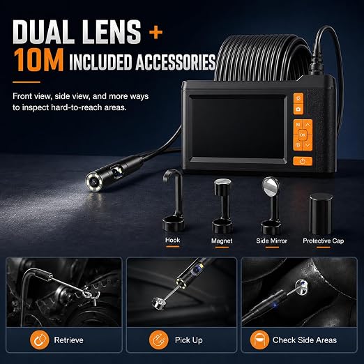 33FT Dual Lens Endoscope Camera with Light, 4.3" Borescope with Photo/Video(Built-in 32GB Card), IP67 Waterproof with 8 LED Lights, Semi-Rigid Snake Cable for Pipe, Engine & HVAC Inspection