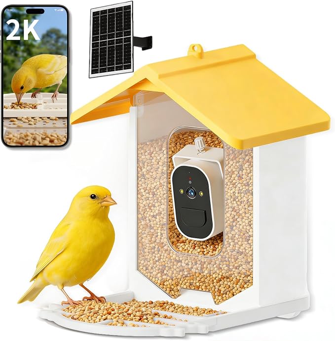 Smart Bird Feeder with Camera Solar Powered, 2K HD Live Video Bird Watching for Outside Garden, AI Identify 11000+ Species by Subscription, Instant Arrival Alerts, Gift for BirdLovers