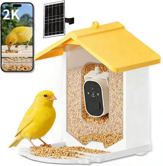 Smart Bird Feeder with Camera Solar Powered, 2K HD Live Video Bird Watching for Outside Garden, AI Identify 11000+ Species by Subscription, Instant Arrival Alerts, Gift for BirdLovers