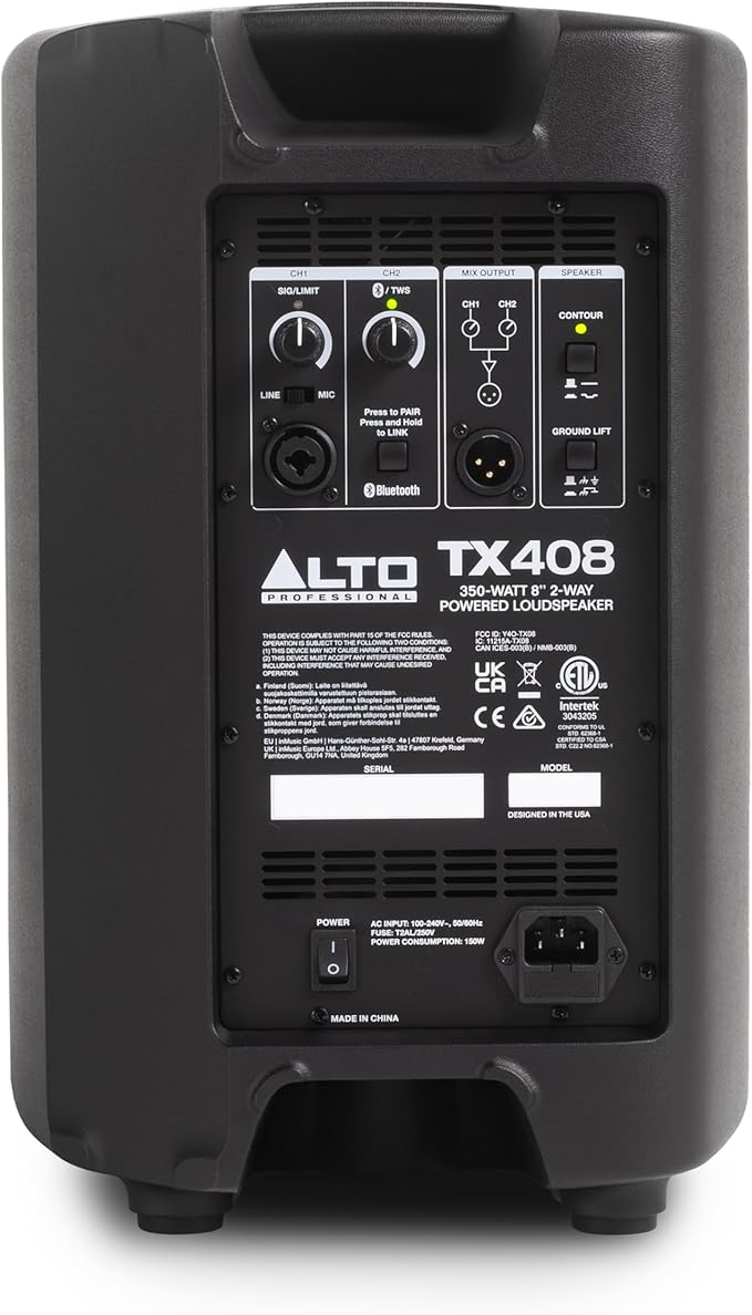 ALTO TX408 350W 8" Powered PA Speaker with Bluetooth, 2-Channel Mixer, Line Level for Mobile DJs and Musicians, for Small Venues, Rehearsals and Events
