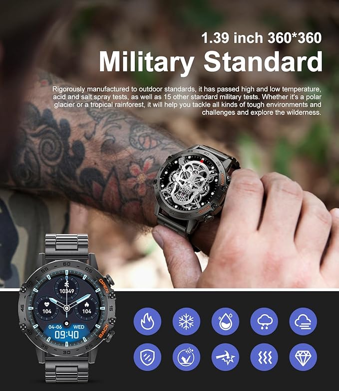 SUNKTA Smart Watches for Men(Answer/Calls),1.39 inch Touchscreen/5ATM Waterproof/120+ Sports Modes Fitness Watch with Heart Rate for Android/iOS Steel Black