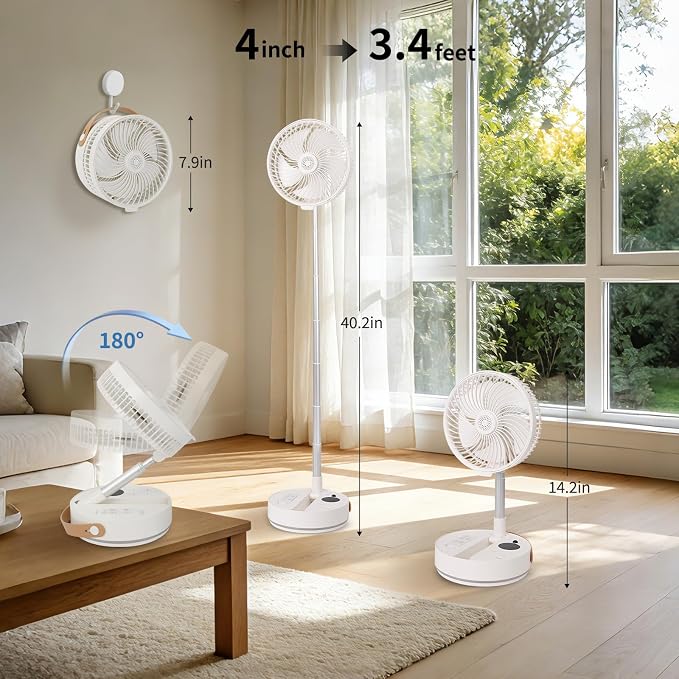 Portable Fan Rechargeable with Scent Function – Foldable & Extendable 3.4ft, 7200mAh Rechargeable Battery, 90° Oscillation & 4-Speed Adjustable, Desk & Floor Fan for Bedroom, Office, Travel, Quiet