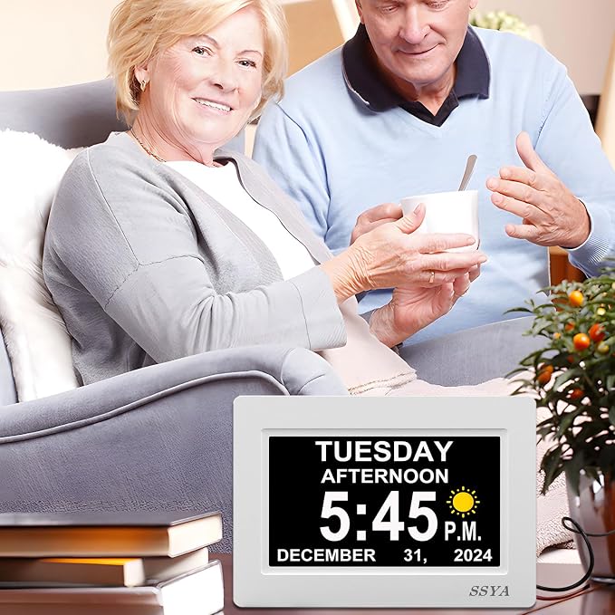 SSYA Digital Calendar Alarm Clock - Dementia Clocks for Seniors, Non-Abbreviated Memory Loss Clock with Date and Time for Elderly (White)