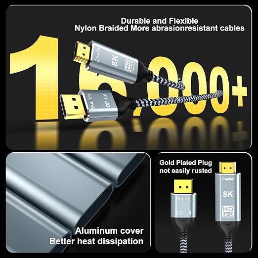 DisplayPort to HDMI 2.1 Cable 3.3FT 8K@60Hz 4K@120Hz Uni-Directional DP (Source) to HDMI (Display) Braided Cord Supports HDCP 2.3 HDR10 Display Port for AMD,NVIDIA,and PC