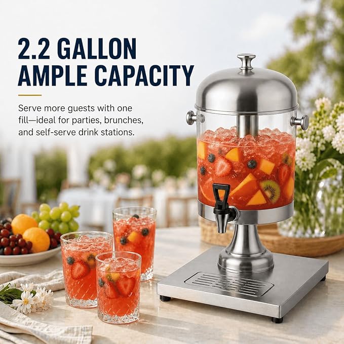 2.2 Gallon Drink Dispenser with Ice Core and Stand | Beverage dispenser with ice core, stand, and drip tray for cold drinks, juice, lemonade, iced tea, beer, and parties.