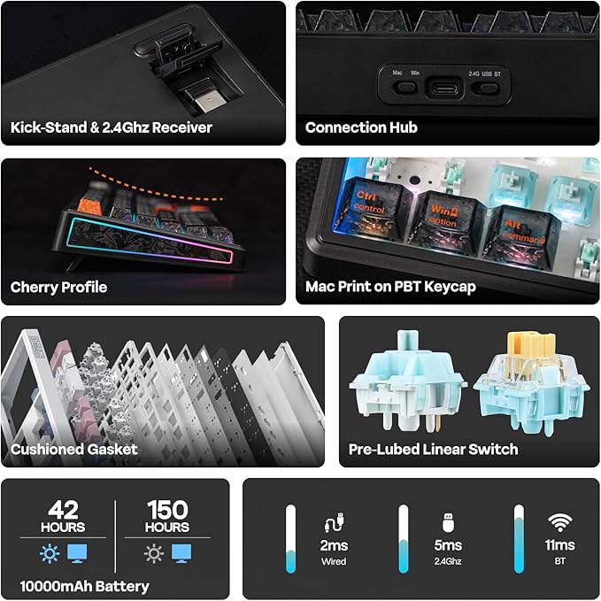 EPOMAKER TH108 V2 PRO Full Size Mechanical Keyboard with Screen&Knob, 10000mAh, BT/2.4Ghz, Mac Modifier PBT Keycap, Hot Swap, RGB, Gasket, Wireless Gaming Keyboard for Mac/PC (Black, Creamy Jade)