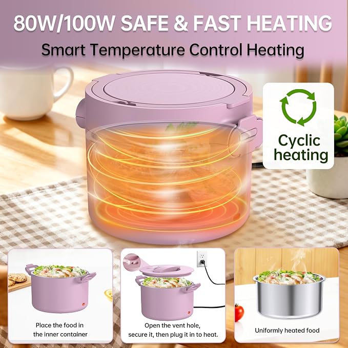 Electric Lunch Box Food Warmer, 34-Ounce Leakproof Portable Heated Lunch Container for Car, Truck, Office,Camping, 100W 12V/24V/110V/220V Bento Box Heater Gift For Women Men (Light Pink)