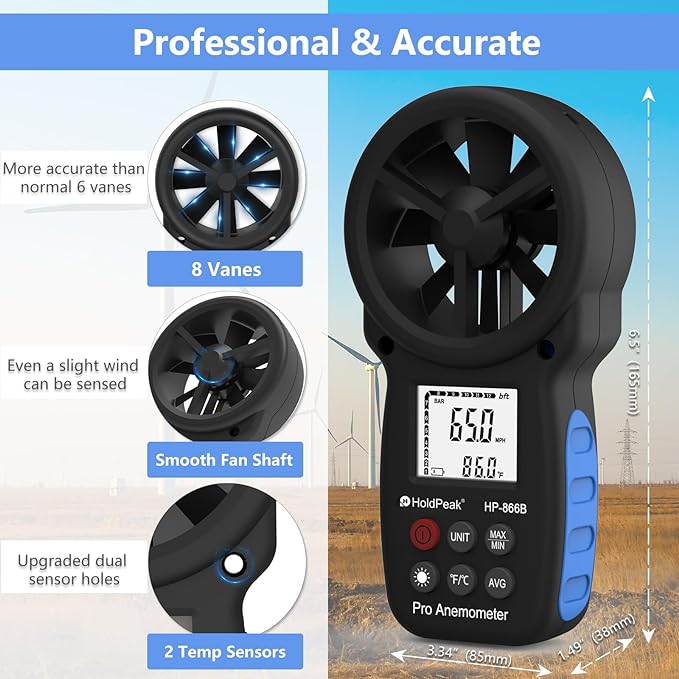 [2 PCS] HoldPeak 866B Handheld Anemometer, Digital Wind Speed Gauge Meter, Air Flow Velocity Temperature CFM Measuring Device for HVAC Outdoor Sailing Shooting Golf