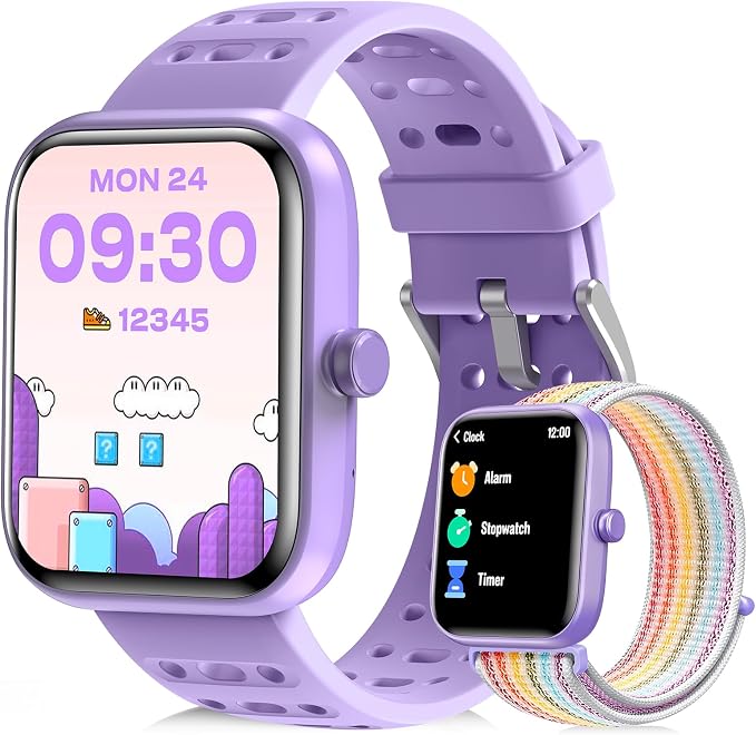 Kids Smart Watch for Girls Boys, Smart Watch for Kids with Health Monitor, Activities Track & Pedometer, Long-lasting Kid's Watches with Reminders & Puzzle Games, Gifts for Children-Purple(2 Bands)