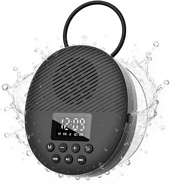 Shower Radio Speaker with Bluetooth 5.4, AGPTEK Waterproof Wireless Bathroom FM with Suction Cup 12H Long Playback Time, Lanyard, LCD Screen Display, Handsfree Calling, Storage Card Playback (Black)