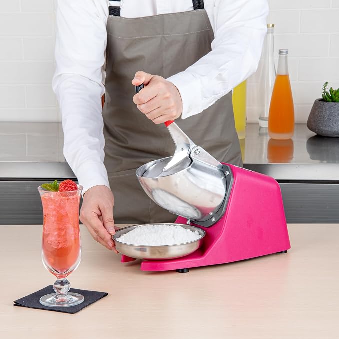 Restaurantware Ice Crusher Machine 65 Count 13.39 x 6.30 x 8.27 Inches Plastic Ice Shaver Dual Blade Compact Countertop Stainless Steel Red