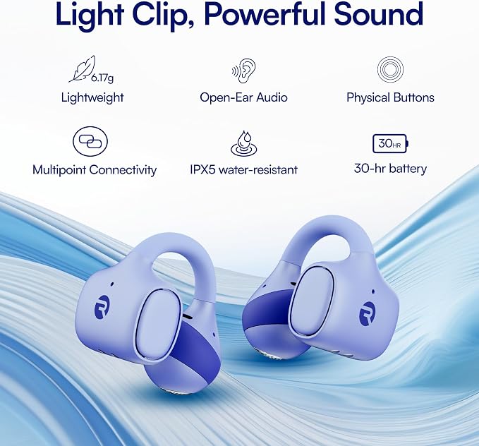 Raycon Everyday Clip On Earbuds - Open Ear Headphones, Lightweight Wireless Earbuds Bluetooth, Sweat & Water Resistant Earphones, Clip Earbuds with Buttons, 30 Hours Battery Life (Carbon Black)