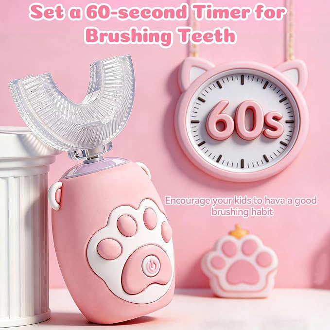 Kids U Shaped Electric Toothbrush for Age 2-12, Rechargeable Toddler Toothbrush with Smart Timer & 3 Clean Modes, Cat's Claw Design, IPX7 Waterproof, 3 Brush Heads & 360°Cleaning