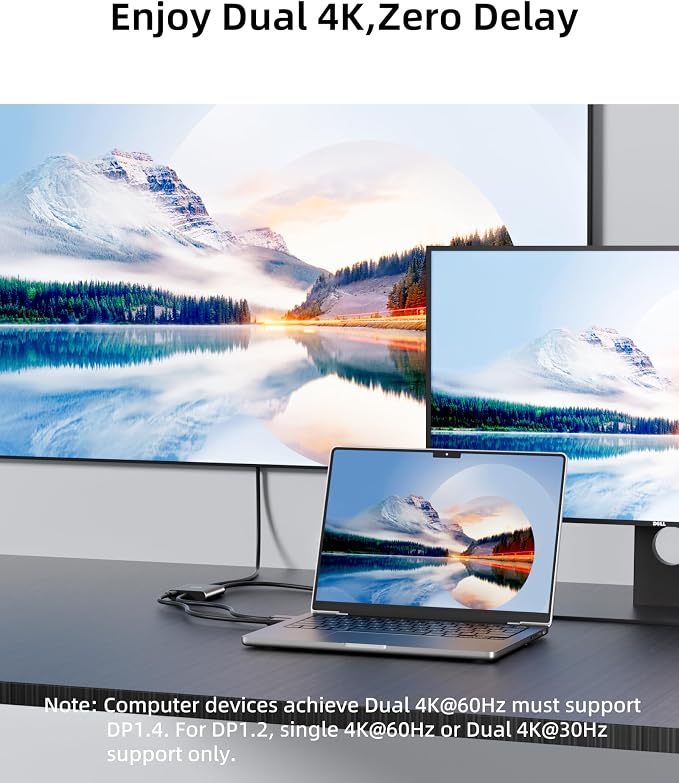 Displayport to Dual DisplayPort Splitter Adapter,4K60Hz MST Displayport hub 1 in 2 Out Display Port for Dual Monitors,DP1.4 Display Port Splitter for Desktop, Laptop,Extend Display