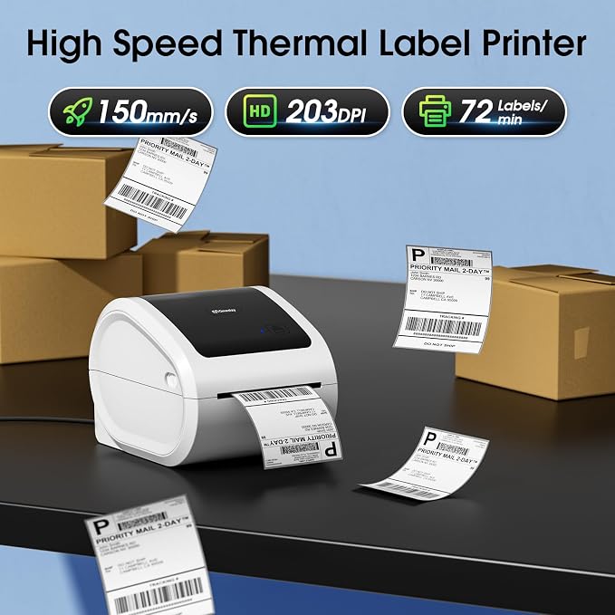 Bluetooth Shipping Label Printer with 1 Roll Labels - D520BT Thermal Label Printer, Thermal Printers with Built-in Label Holder, Come with 500PCS 4x6‬ White Labels (500 Labels/Roll)