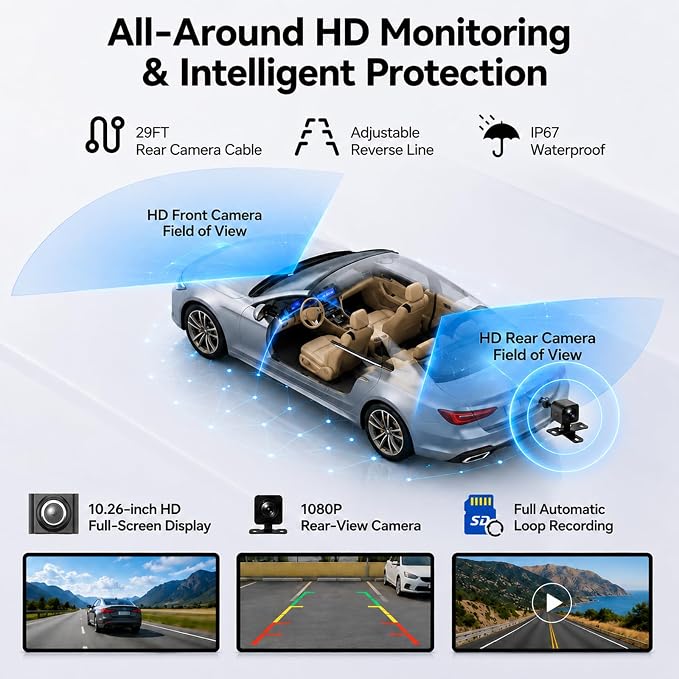 10.26" Wireless CarPlay Screen for Car, Apple CarPlay & Android Auto Screen, Portable Car Stereo with 4K Front Dash Cam & 1080P Backup Camera, Bluetooth, Voice Control, GPS Navigation, Mirror Link