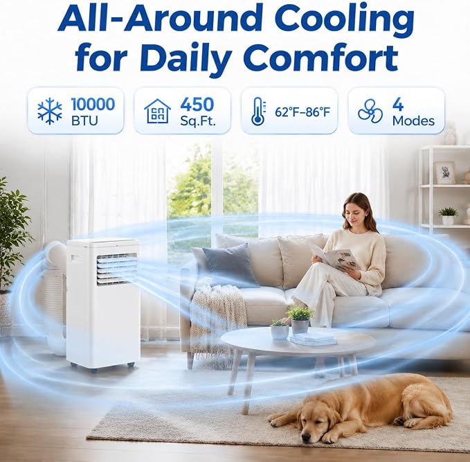 10000 BTU AC Unit, 3-in-1 Portable Air Conditioner with Cooling, Dehumidifier & Fan for Rooms up to 350 sq.ft, Sleep Mode, Remote Control&Timer, Window Kit