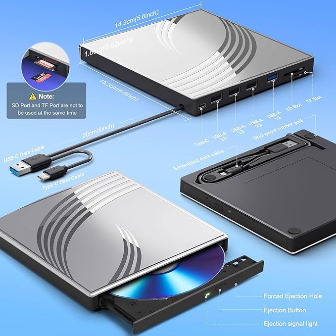 BPAKDU External CD/DVD Drive for Laptop with Carrying Case,DVD Player for Laptop,Portable CD Burner with 4 USB Ports, 2 TF/SD Card Slots,CD Disk Drive Player Reader Write