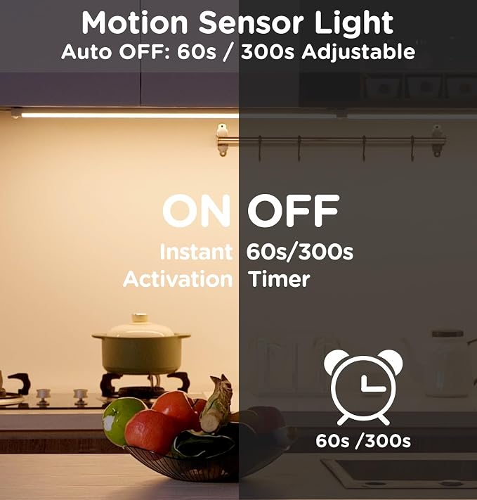 Leetdud Under Cabinet Lighting Plug in 12 Inch, 120V Motion Sensor Lights Indoor, 3CCT 3000/4000/5000K, Aluminum Linkable Super Bright LED Counter Light with Timer for Kitchen, Shelf, Closet, 2 Pack