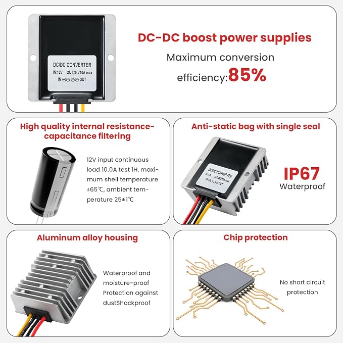 240W DC-DC Boost Converter 12V to 24V 10A Step Up Voltage Regulator - Waterproof Power Supply Module for Car Audio, Solar Panel,CCTV - Over-Current/Short-Circuit Protection