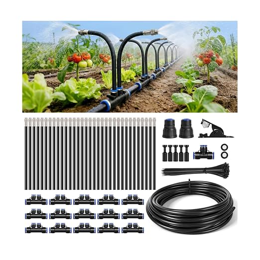 50Ft 1/2" Tubing High-Flow Drip Irrigation System, 360° Adjustable Garden Watering System with 30 Nozzles, Dual-Side Watering Kit for Raised Beds, Greenhouses & Efficient Plant Irrigation