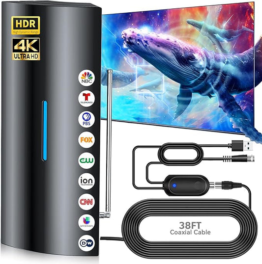 3200+ Miles Range Digital Antenna for Smart TV Indoor, Antenna for Local Channels with Amplifier-Supports 8K, 4K, 1080P-36FT Coax Cable