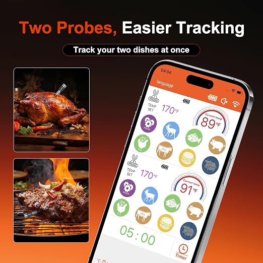 Smart Wireless Meat Thermometer with Dual Probes & APP Alerts, Bluetooth Grill Thermometer with 800ft, Digital Base, ±0.5℉Accuracy, LCD Backlit Screen for BBQ, Oven, Smoker, Kitchen Cooking