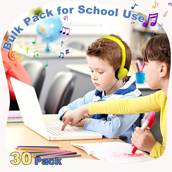 30 Pack Class Set Headphones for Kids Students School Classroom Bulk Earphones Adjustable with 3.5 mm Jack for Library Children Adults(004 Multi Color Headphones)
