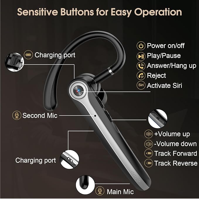 Bluetooth Headset, Wireless Bluetooth Earpiece with ENC Noise Canceling Mic | ENC Noise Canceling Mic, 120Hrs Talk Single-Ear Headphones, LED Display, IPX7, V5.4 Hand-Free Earphone
