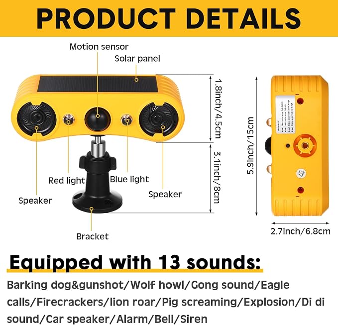Qualirey Solar Outdoor Motion Sensor Alarm 2 x 129dB Loud Noise Maker 13 Sound Detector Strobe Light, 4 Modes Animal Deterrent Dog Barking Alarm Mount on Ground or Fence for Garden Yard(6 Pack)