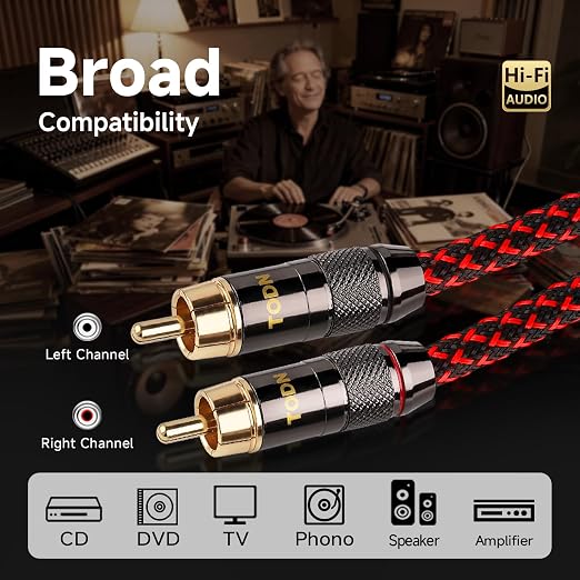 TODN HiFi 4-Core-OFC RCA Cables for Audiophile 2 RCA Male to Male Car Stereo Audio Cable with Shielding for Amps/Phono/Subwoofers (4.9ft/1.5m, 1 Pair)