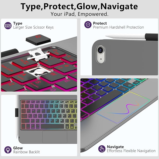 HOTLIFE for iPad A16 11th Generation/10th Generation Case with Keyboard,Touch Keyboard for iPad 11" /10th Gen 10.9 inch 2022-10 Color Backlight, 360° Rotatable Protective Cover (Titanium Gold Grey)