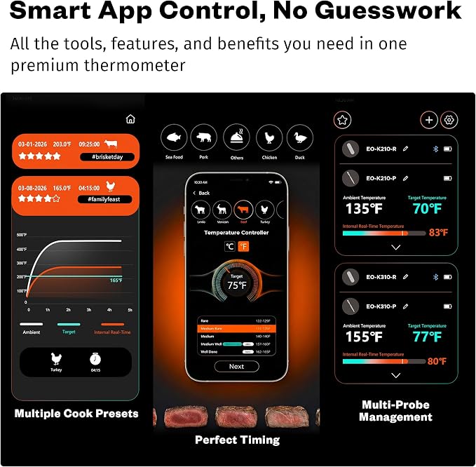 East Oak Wireless Meat Thermometer | 5-Sensor Precision for Chef-Level Results | Extreme Heat Resistance to 932℉| Smart App Remote | Perfect for Grills, Smokers, Ovens & Air Fryers, Matte Black