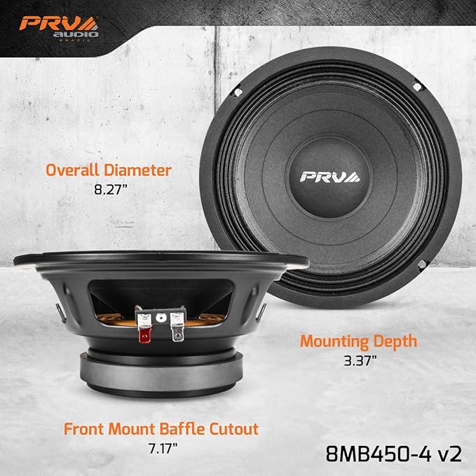 PRV AUDIO 8MB450-4 v2 8" Mid Bass Speaker 4 Ohm Pro Audio Speaker 93.5dB 450 Watts 2" Voice Coil (Single)