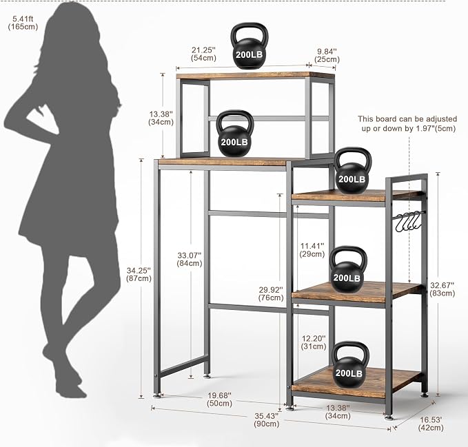 COCOLUCKY 6-Tier Mini Fridge Stand with Storage Shelf.Asymmetric 2-in-1 Design:Wide Side for Fridge+Microwave,Narrow Side for Spices & Utensils,Coffee Bar,Baker Rack for Dorm Kitchen,Vintage Brown