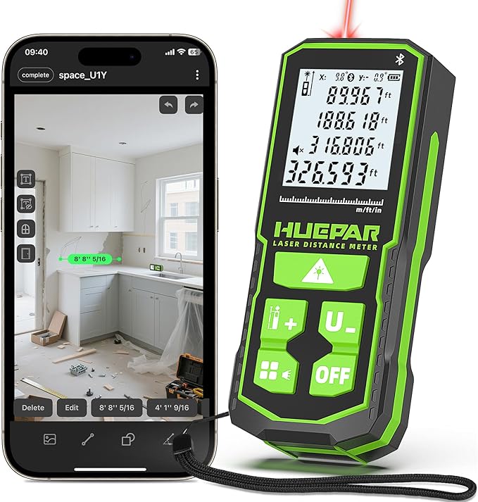 Huepar 330Ft Laser Measuring Tool with APP, 5 Years Warranty, Rechargeable Bluetooth Distance Meter, 1/16in Accuracy, Angle Sensor, Multiple Modes, IP54, Home&Construction, Fathers Days Dad Gifts