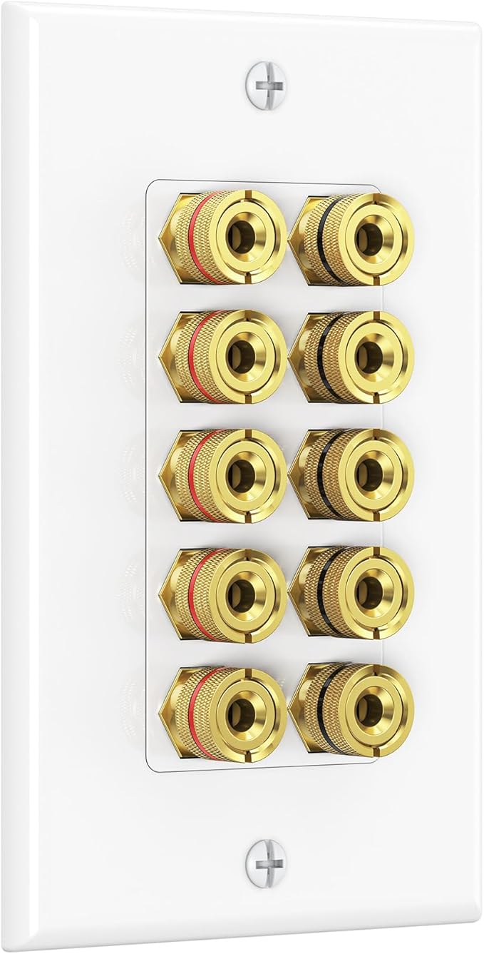 Cable Matters Speaker Wire Wall Plate, Gold Plated Speaker Wall Plate with Banana Plug Binding Post for 5 Speakers, White
