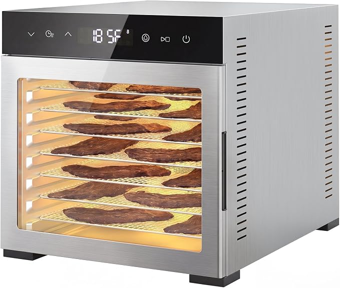 NEWBULIG 8 Stainless Steel Trays Food Dehydrator, 500W High Power Electric Food Dryer, 24 Hours Timing, 185°F Adjustable Temp, Perfect for Fruit, Meat, Jerky, Herbs and Dog Treats