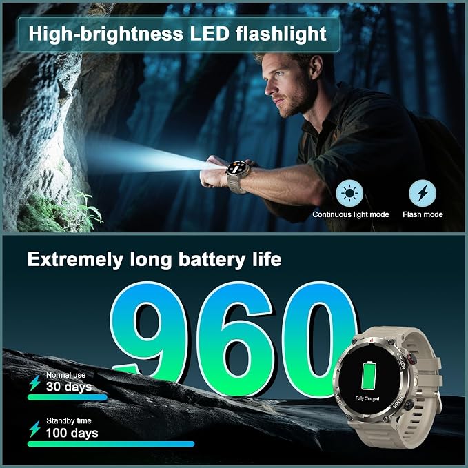 Military Smart Watch for Men-100-Day Long Battery Life,Fitness Tracker with LED Flashlight/Compass,120+ Sports Modes,IP68 Waterproof,Heart Rate Monitor,Bluetooth Call Smartwatch for iOS Android(Khaki)