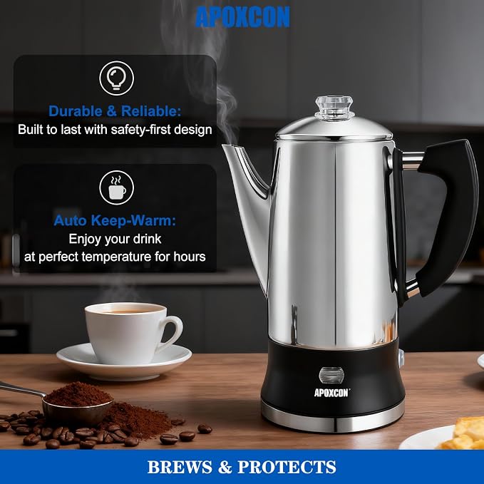 APOXCON Electric Coffee Percolator, Stainless Steel, with Glass Knob, Automatic Keep Warm, Cordless Serve,12 Cup